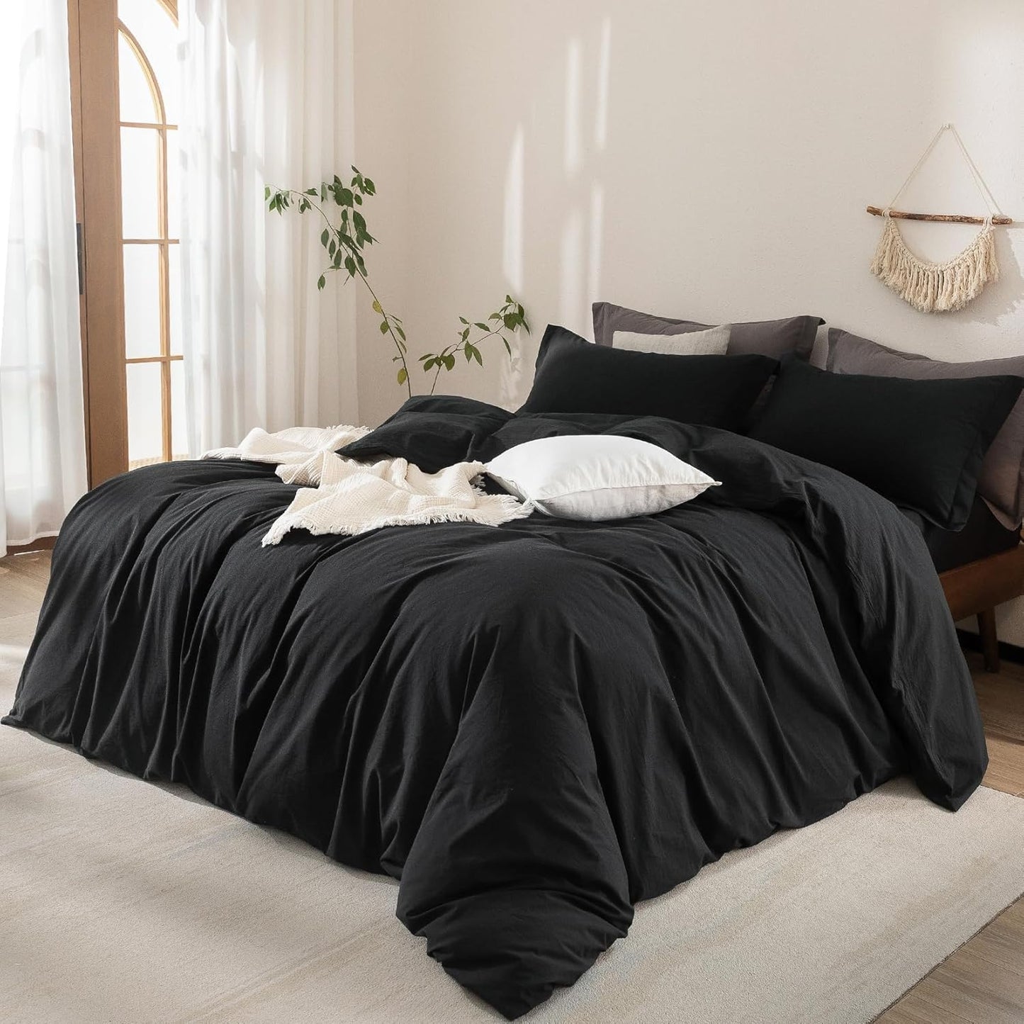 Black Duvet Cover Full Size 100% Washed Cotton Bedding Set Cover 1 Duvet Cover with Zipper Closure and 2 Pillowcases, 90inch x 80inch