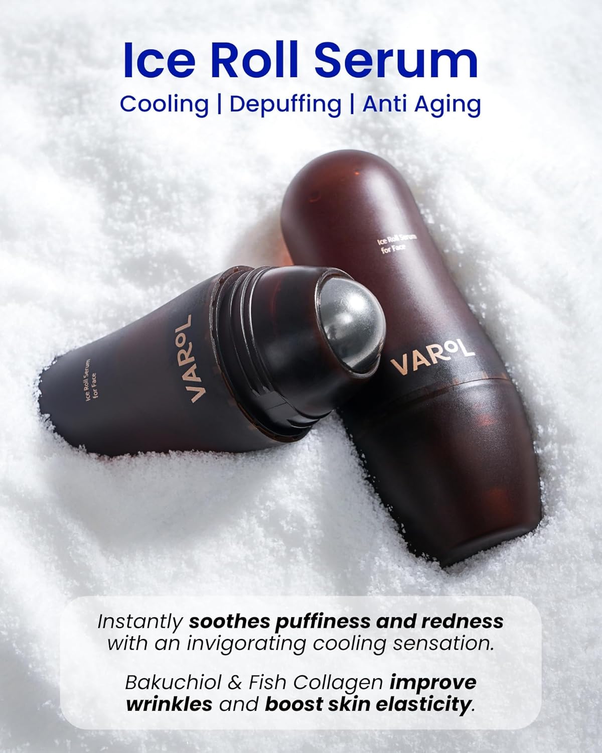 Ice Roll Serum for Face, Puffy Eyes, Under Eye Bags - Bakuchiol & Collagen for Wrinkles, Anti Aging, Cooling Ice Roller for Puffiness, Redness, Dark Circles - Korean Skin Care, 1.69 Fl Oz