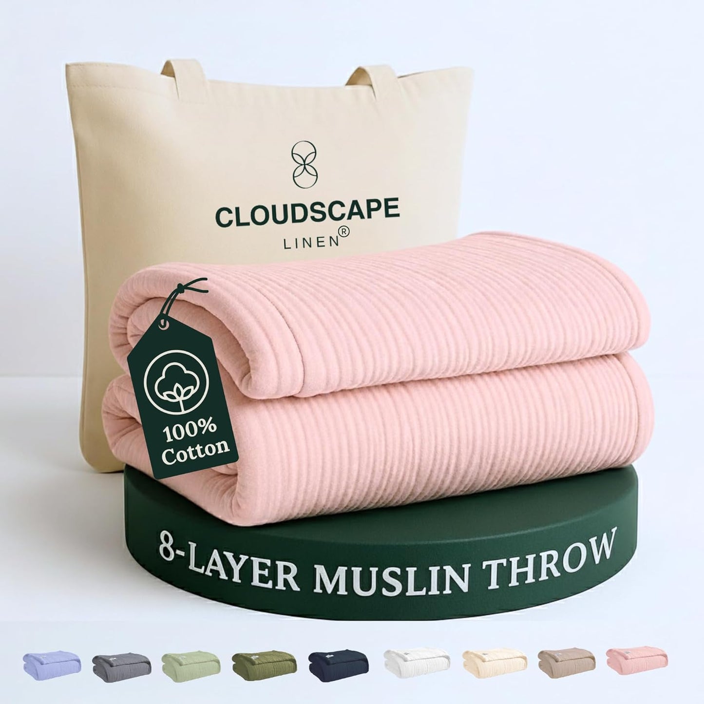 Cloud Scape Linen Extra Large 8 Layer Muslin Throw Blanket - 100% Cotton Gauze, Soft and Breathable, Winter Blanket for Couch, Sofa and Bed, Idea, 50x70, Seashell Pink