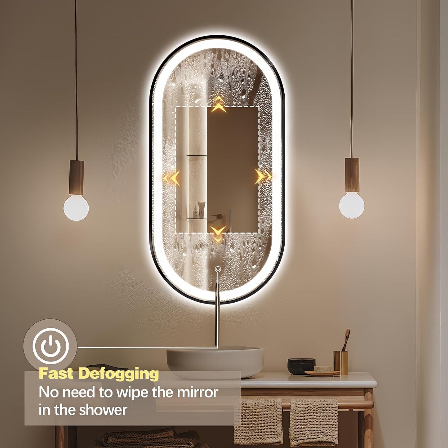 48" x 24" Oval LED Bathroom Mirror with Lights, Black Metal Framed Anti-Fog LED Vanity Mirror, Lighted Bathroom Mirrors Wall Mounted, Stepless Dimmable, Shatter-Proof, Horizontal/Vertical