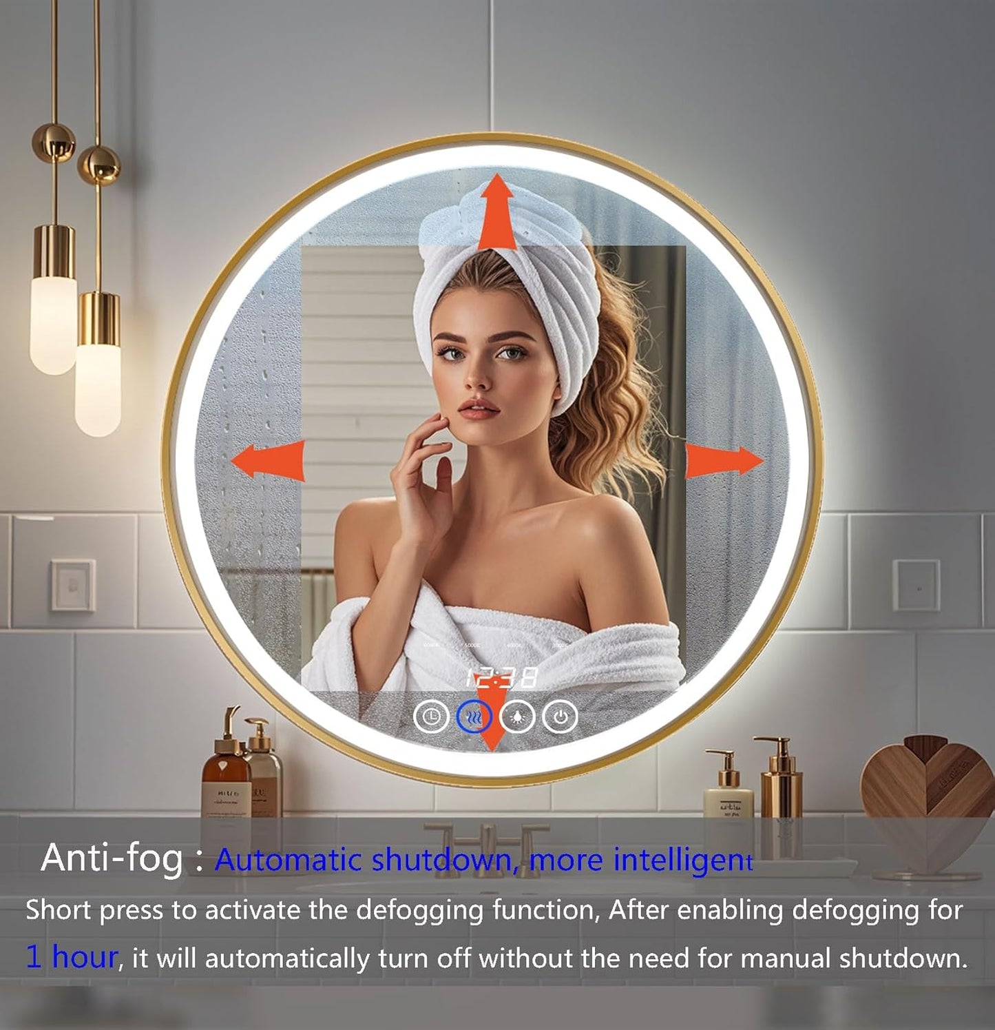 24 Inch Wall-Mounted Round Bathroom Mirror with LED-Lights - Frame Vanity Mirrors (24" x 24", Gold)