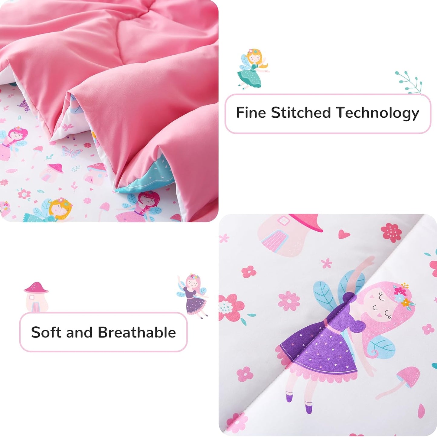 Viviland Kids Twin Bedding Sets for Girls, Soft Twin Comforter Set with Sheets, 5 Pieces Microfiber Bed in a Bag, Fairy Mushroom