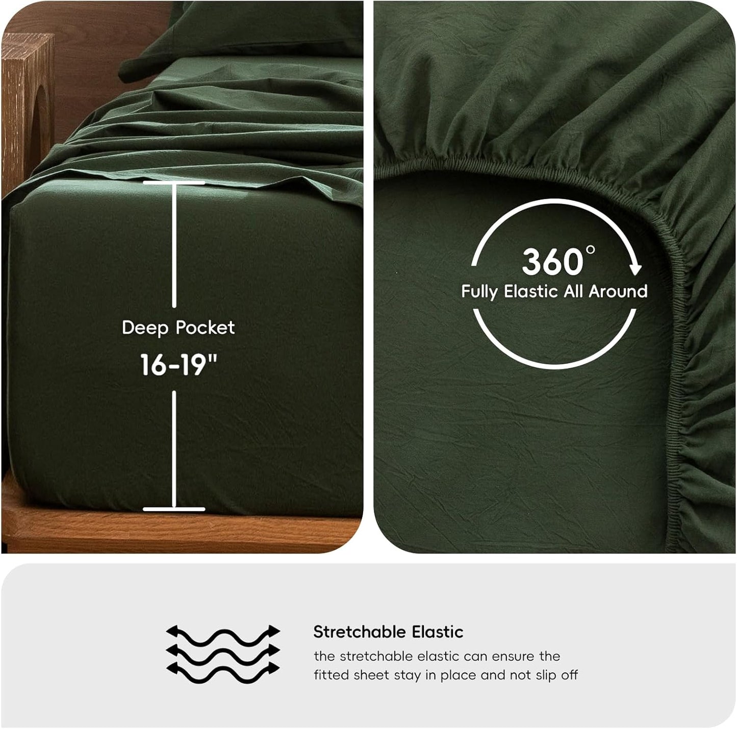 MooMee Bedding Sheet Set 100% Washed Cotton Linen Like Textured Breathable Durable Soft Comfy (Solid Forest Green, Full)