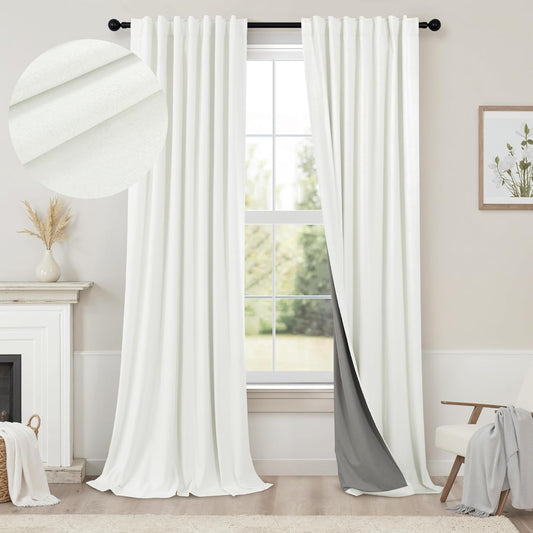 102 Inch Blackout Curtains 2 Panel Set Length Modern Decorative Dark Out Curtain for Bedroom Heat Cold Blocking Window Thermal Insulating Ceiling Drape for Living Room 102 Inches Long Ivory Off White