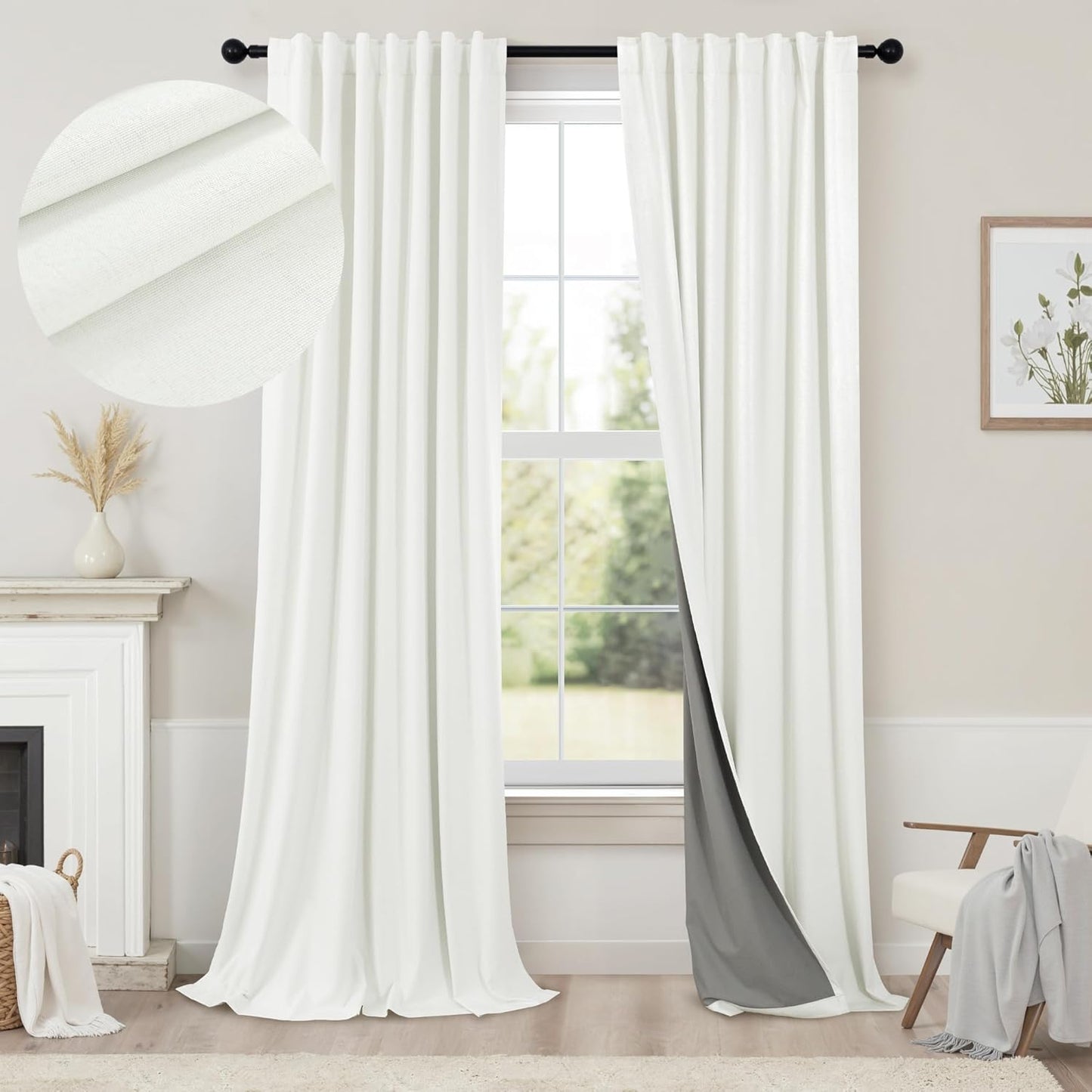 Ivory Blackout Curtains 90 Inches Long 2 Panel Light Blocking Patio Drape for Sliding Glass Doors Rustic Country Curtain for Nursery Bedroom Thick Linen Cotton Textured Off White Back Tab Pocket 52x90