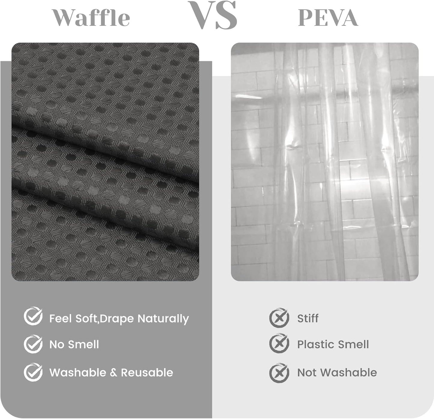 No Hook Shower Curtain with Snap in Liner Set Waffle Shower Curtain for Bathroom Hotel Style Fabric Waterproof Inner Liner，71" W x 80" H, Dark Grey