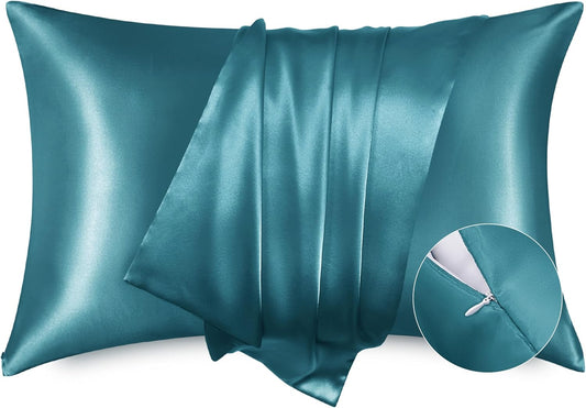 Bedsure Satin Pillowcase with Zipper, Similar to Silk Pillow Cases 2 Pack, Satin King Size Pillow Cases Set of 2, Silky & Soft Pillow Cover for Hair and Skin, Gifts for Women Men, Teal, 20x36 Inches