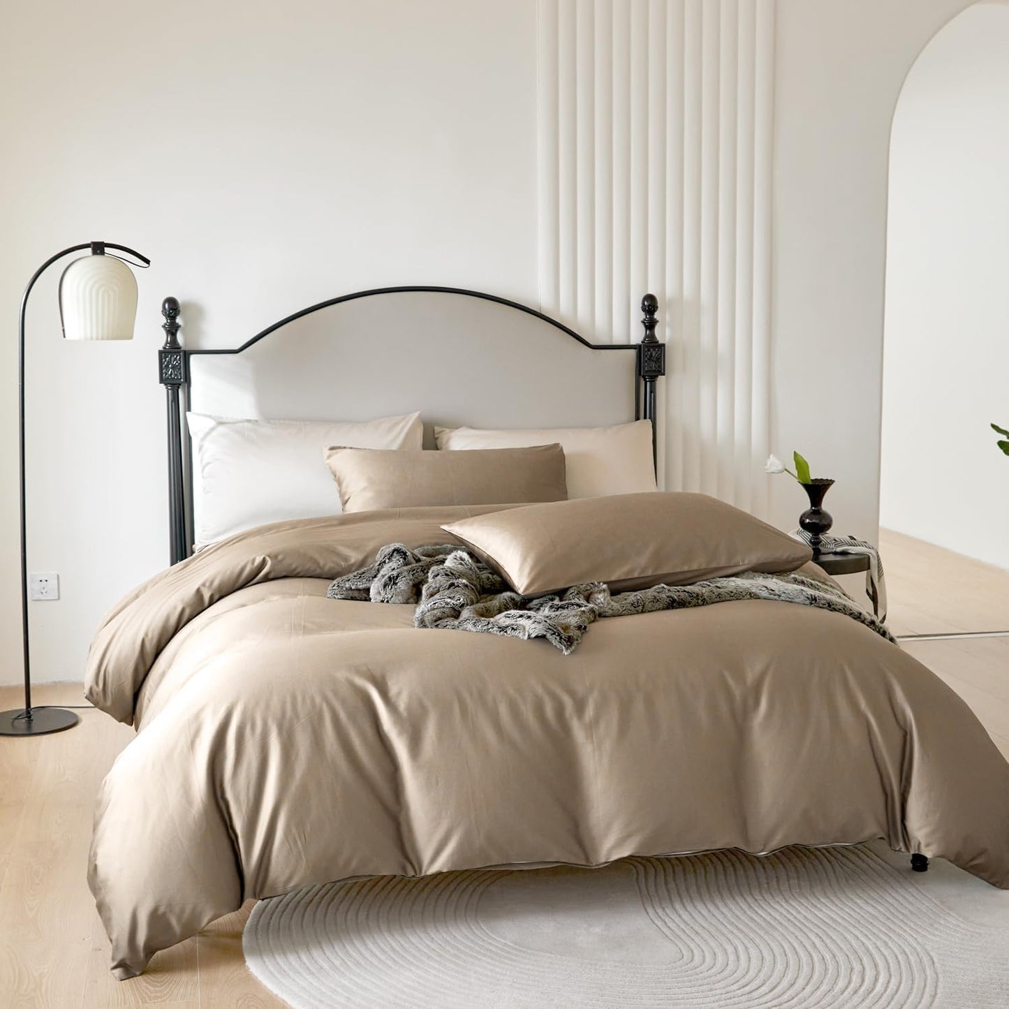PURE ERA Duvet Cover Set Queen 800 Thread Count Long Staple Cotton Sateen Silky Soft Luxurious Smooth 3 Piece Set Dark Dessert Beige Queen