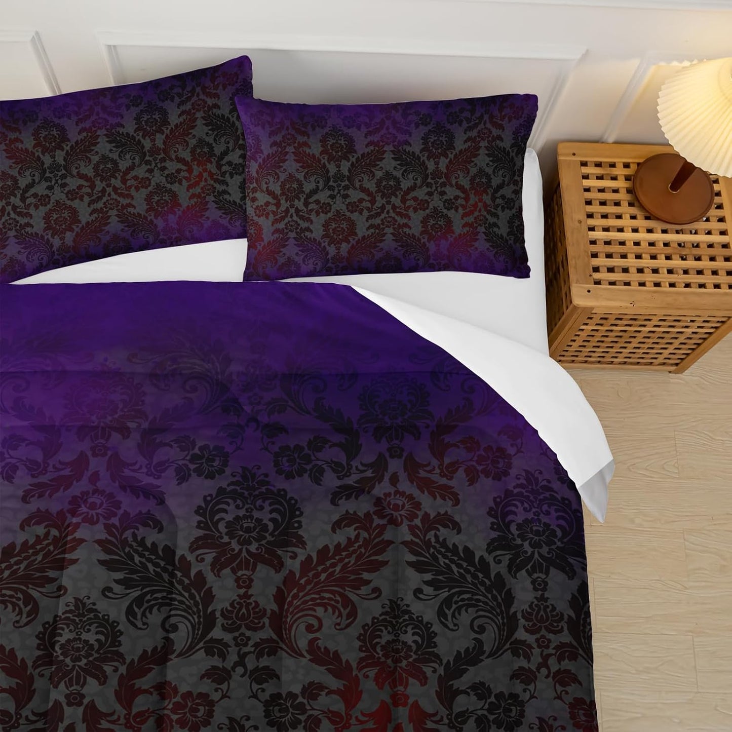 Black Purple Paisley Floral Victorian Gothic Comforter Set Queen，Gothic Bedding Set Queen Purple，with 1 Comforter with 2 Pillow Case，Halloween Room Decor for Bedroom