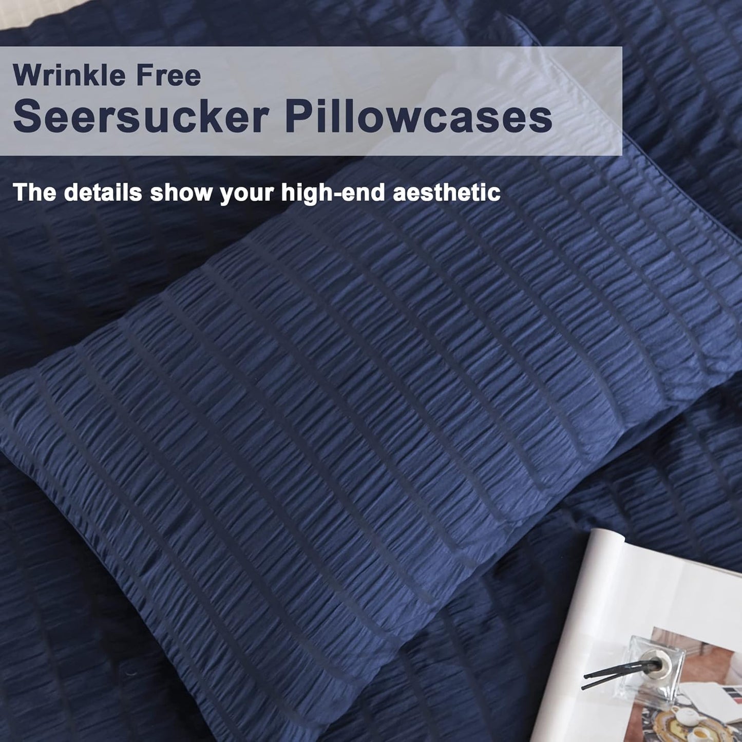 AveLom Navy Blue Duvet Cover King (104 x 90 inches), 3 Pieces (1 Duvet Cover + 2 Pillow Cases), Seersucker Textured Ultra Soft Washed Microfiber, Textured Duvet Cover with Zipper Closure, Corner Ties