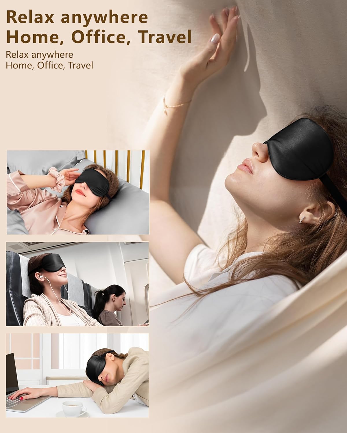 Silk Sleep Mask for Women and Men - Soft Breathable Organic Natural Mulberry Silk Fabric Blackout Eye Mask with Adjustable Straps No Pressure Eye Mask for Travel Essentials Gifts (Black)