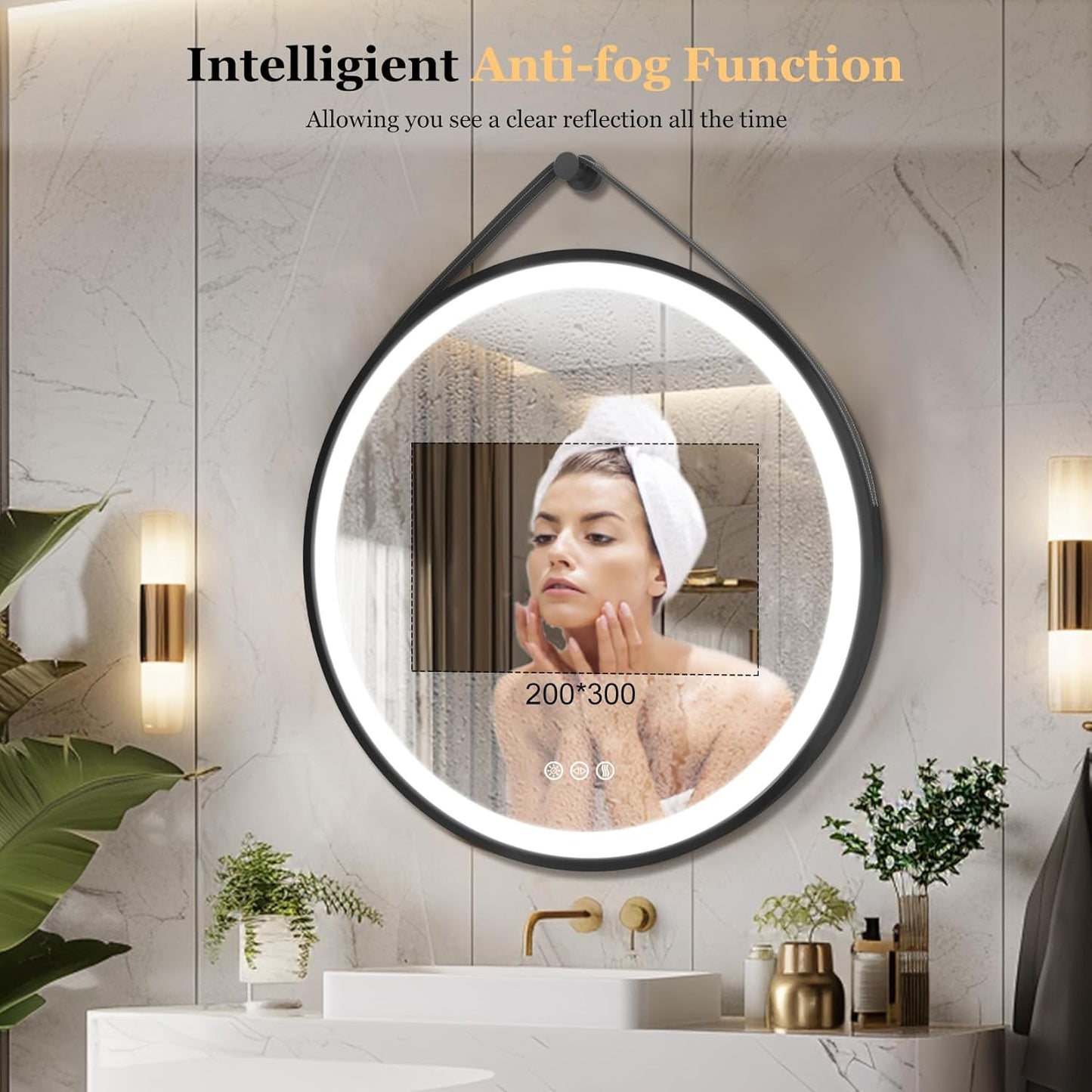 LUVODI Lighted LED Bathroom Mirror: 24” Round Wall Mounted Hanging Vanity Mirror with Front Light - Large Dimmable 3 Colors Makeup Mirror with Black Frame Sensor Touch Anti Fog for Bedroom Entryway