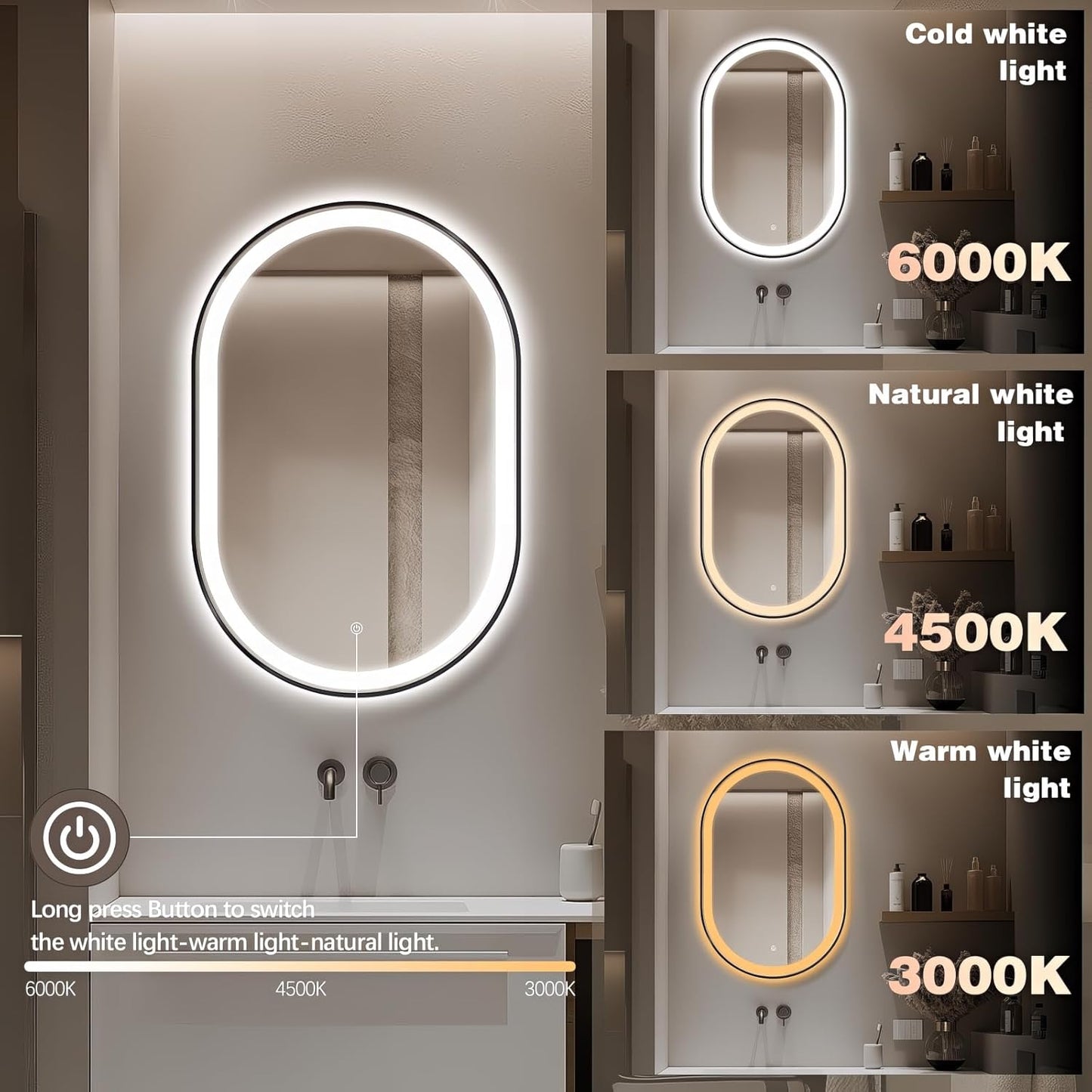 36"x24" Oval LED Bathroom Mirror with Lights, Black Anti Fog Lighted Vanity Mirror Wall Mounted, Stepless Dimmable LED Oval Mirror, Memory, ShatterProof, Front/Backlit, Horizontal/Vertical