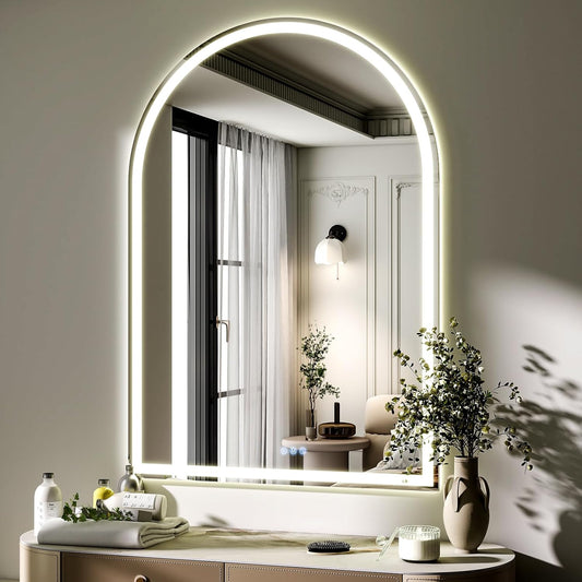 BEAUTYPEAK LED Arch Bathroom Mirrors with Lights, 40x30 Arch Mirror with Metal Frame, Anti-Fog,LED Mirror with Front Light and Backlit, Memory Function for Bathroom, Dressing Room
