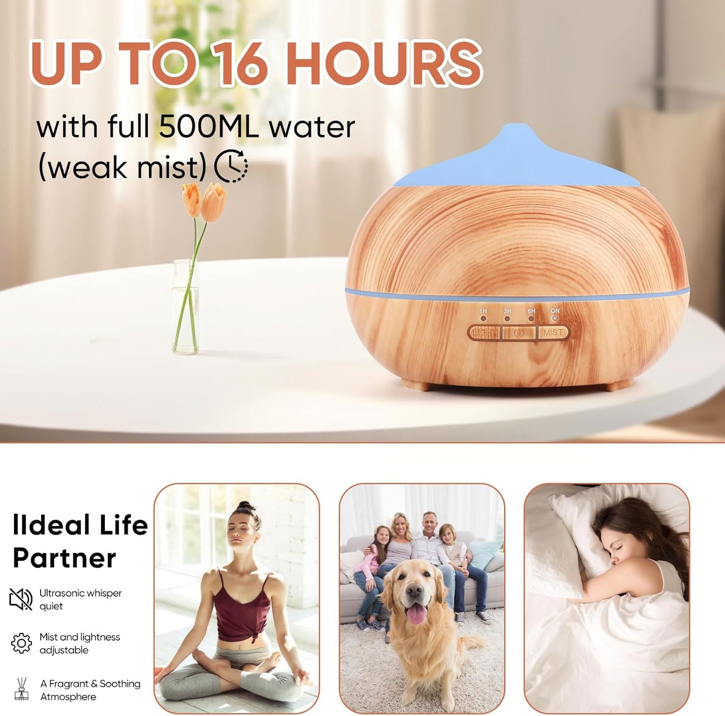 HAPPTWS 500ML Essential Oil Diffuser - BPA Free Ultrasonic Aromatherapy Diffuser, with 7-Color Lights - Waterless Auto Shut Off - Yellow