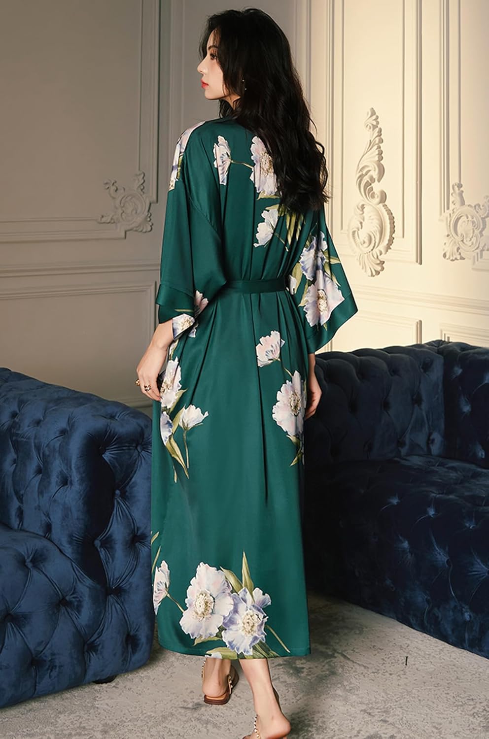 Silk Satin Robe for Women Long Japanese Kimono Robe Lightweight Soft Bathrobe Floral Luxury Dressing Gown