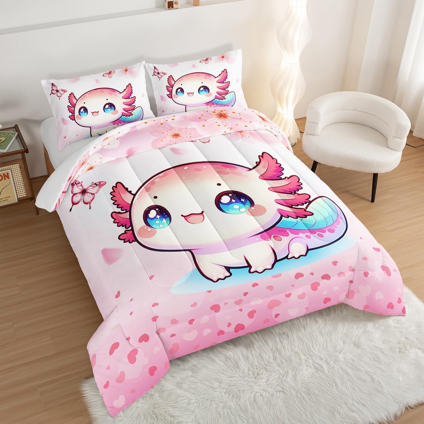 Cartoon Axolotl Comforter Kids Bedding Set,Cute Axolotl Flower Butterfly Bedding Full Size for Toddler Girls Room Kawaii Decor,Pink Series Kids Comforter Sets with 2 Pillowcases.