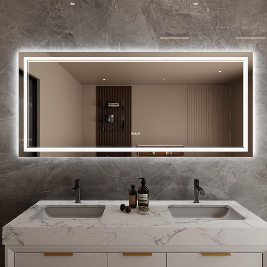 Bathroom Mirror with Lights 28"X60" with Front Light and Backlit, Tempered Glass, Wall Mount Horizontal/Vertical, Stepless Dimmable, 3 Colors, Anti Fog, Bathroom Memory LED Mirror
