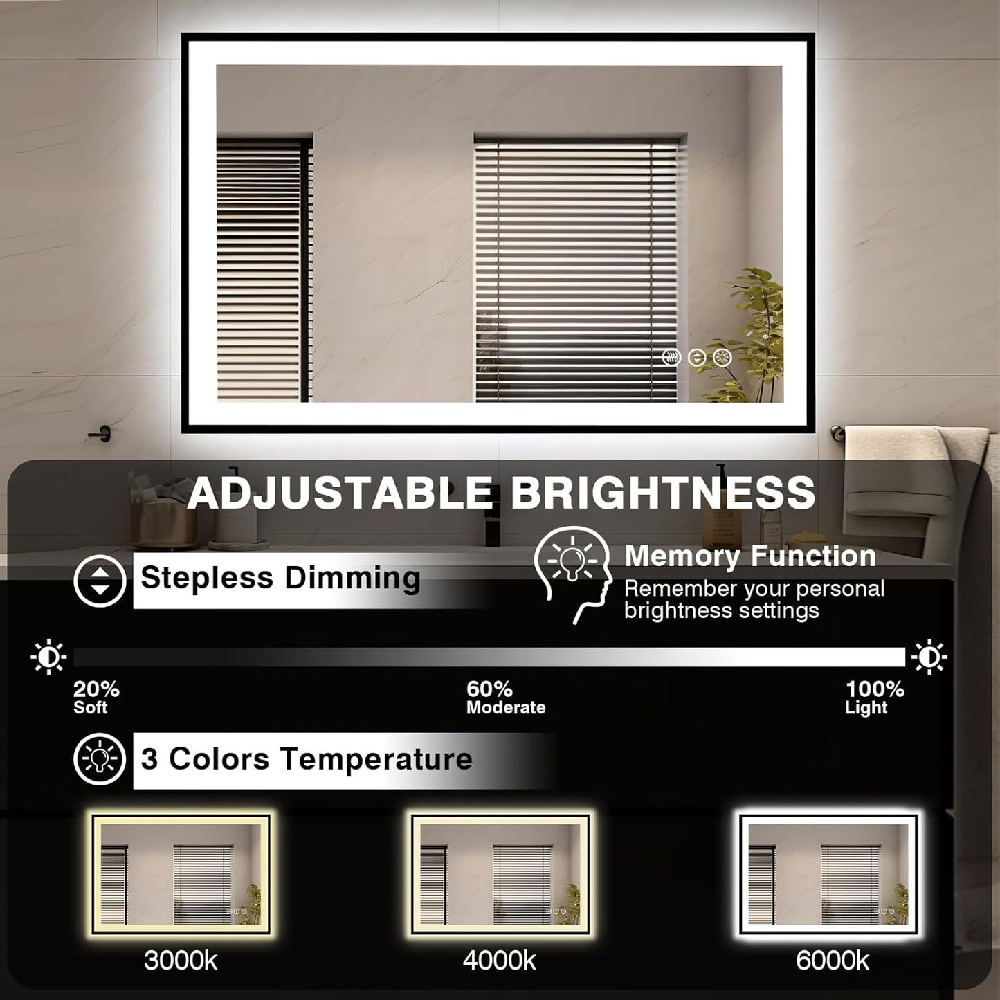 48x32 LED Bathroom Mirrors for Wall -Black Aluminum Framed (Front and Backlit), Anti-Fog Vanity Mirror With Lights,Stepless Dimmable Lighted Mirror,3 Colors Smart Mirror(Horizontal/Vertical)
