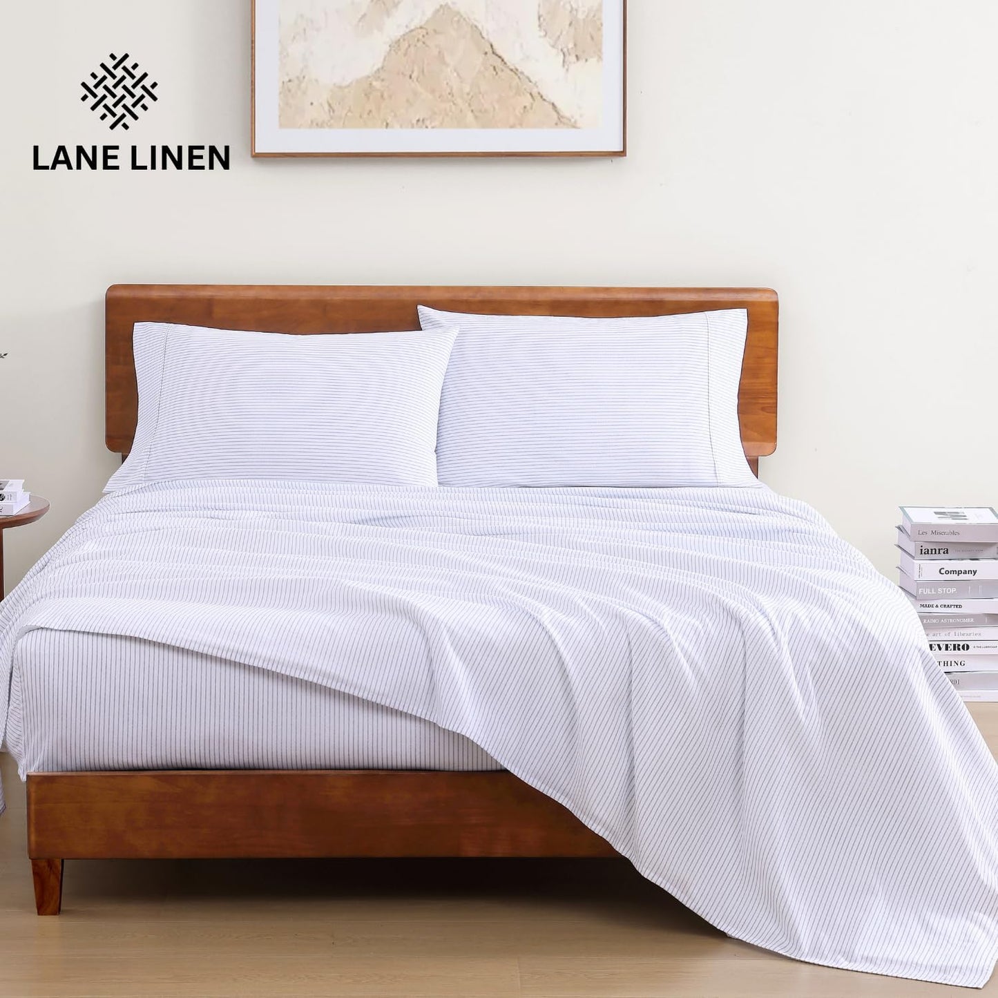 LANE LINEN 100% Organic Cotton Twin XL Sheets Set 3-Piece Pure Percale Bedsheets Bedding Breathable Fits Mattress Upto 15" Deep - Blue Ticking Stripe