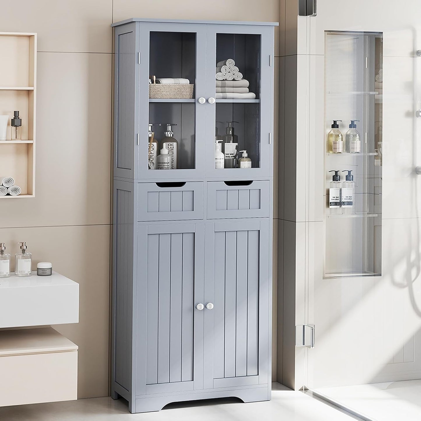 TOLEAD 67" Tall White Bathroom Cabinet Storage Cabinet, Freestanding Storage Cabinet with Glass Door and Adjustable Shelves, Bathroom Cabinet for Living Room, Kitchen, Dining, (Grey)