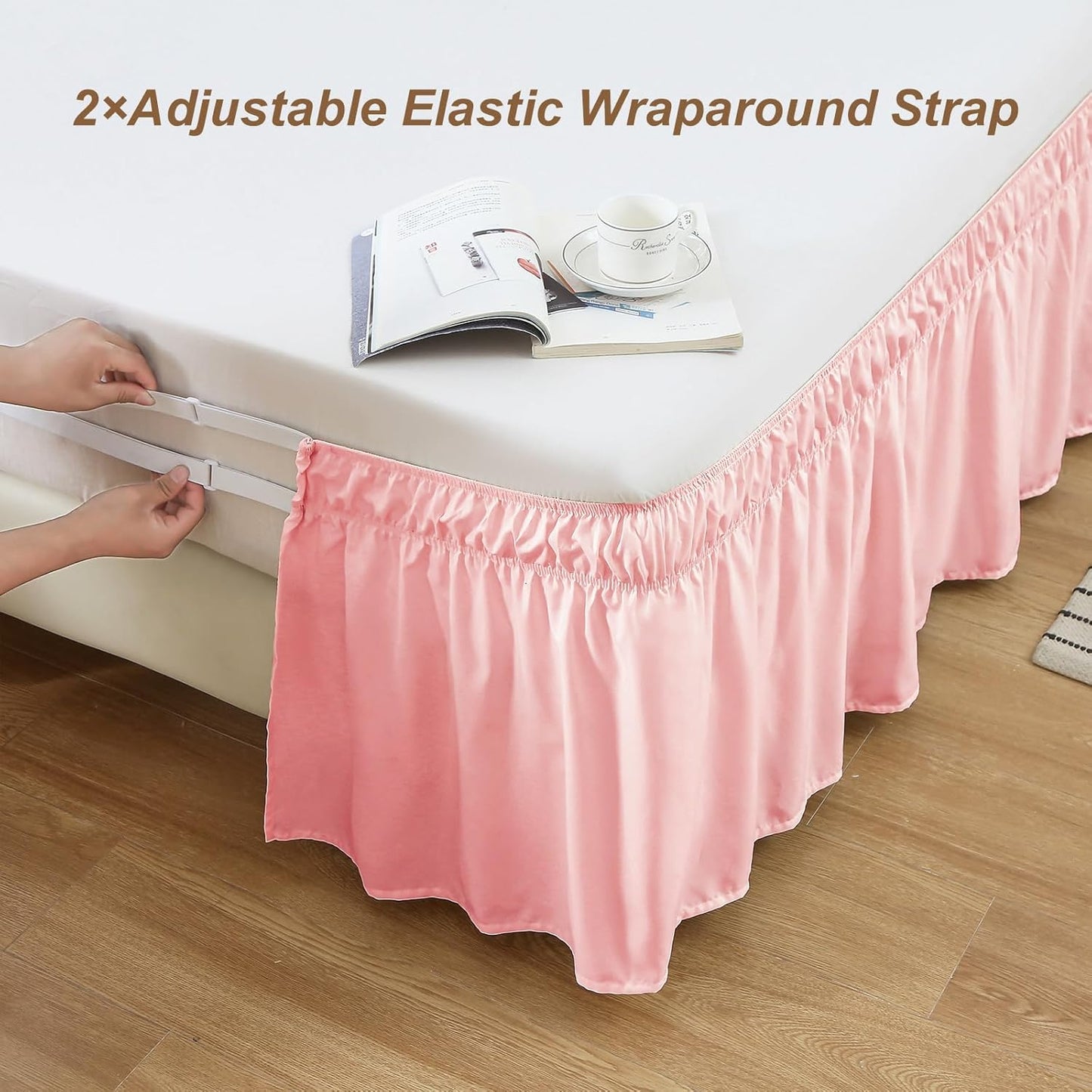 MEILA Wrap Around Bed Skirt Three Fabric Sides Elastic Dust Ruffled 14 Inch Tailored Drop,Easy to Install Fade Resistant-Pink, Queen/King