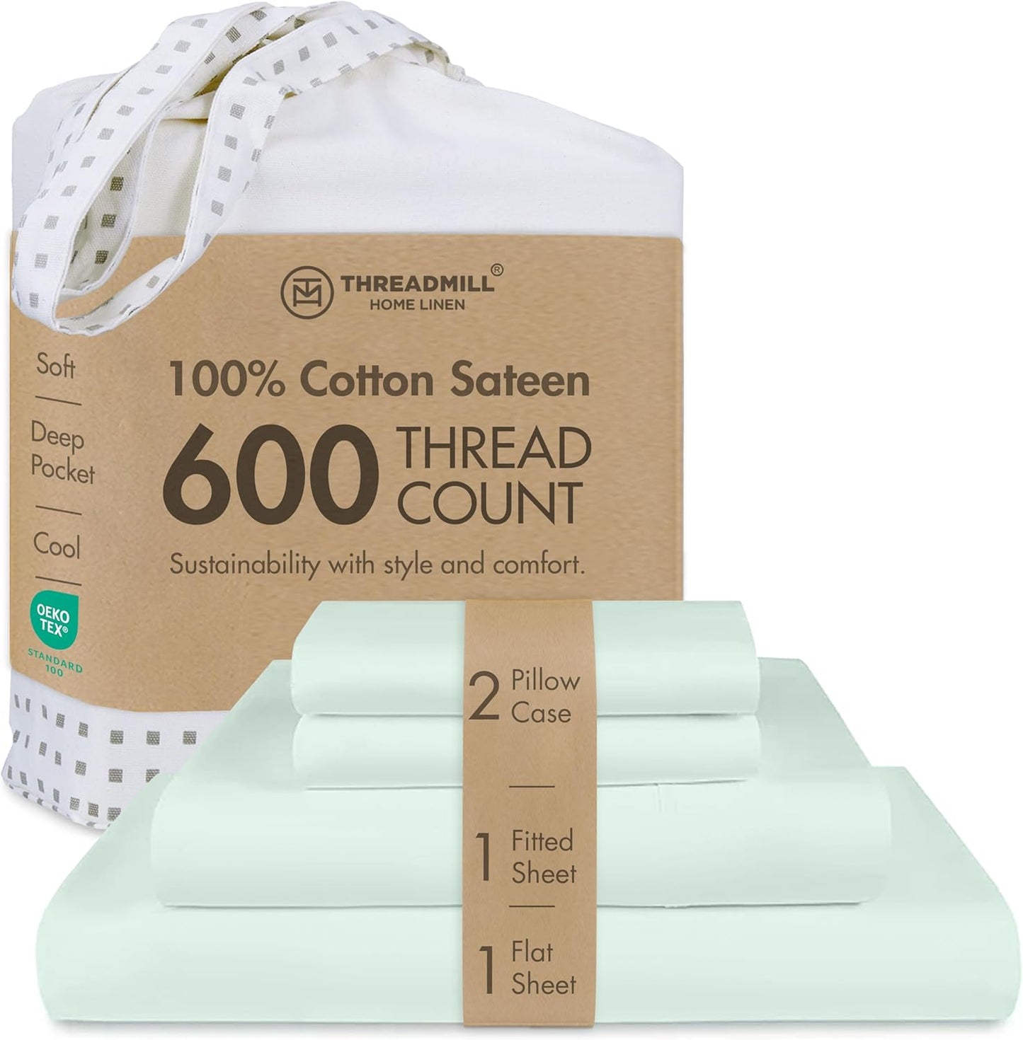 Threadmill King Size Sheets | 600 Thread Count King Bed Sheets Set for King Mattress 16” Deep Pocket | Sateen Weave 4-Piece Bedding Set with Cooling Effect | Seaglass