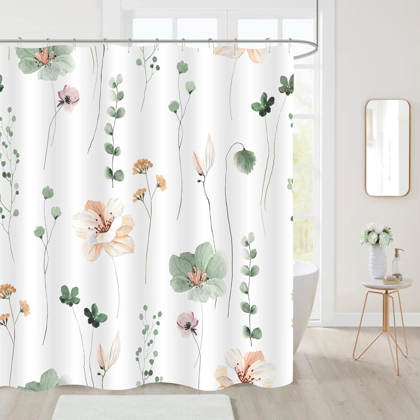 Gibelle Watercolor Floral Shower Curtain, Sage Green Beige Flower Shower Curtain for Bathroom, Modern Minimalist White Waterproof Fabric Shower Curtain Set with Hooks 72x72 Inch