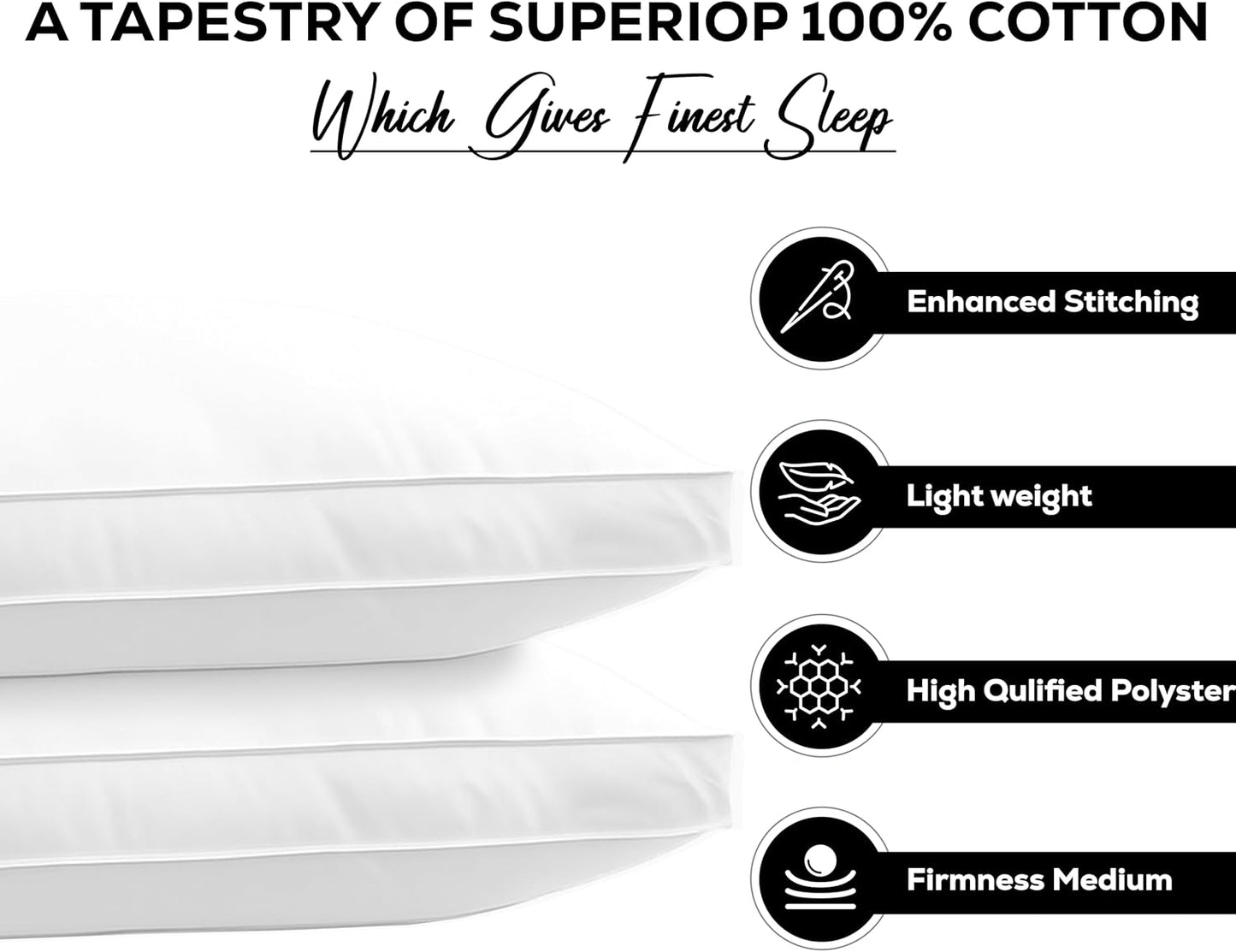GOLD TEXTILES Pillows Queen Size Set of 2 (18x26 Inches)- Gusseted Hotel Quality Medium Firm Pillow - Plush Fiber Filling for Back & Side Sleeper, Easycare (White, 18x26)