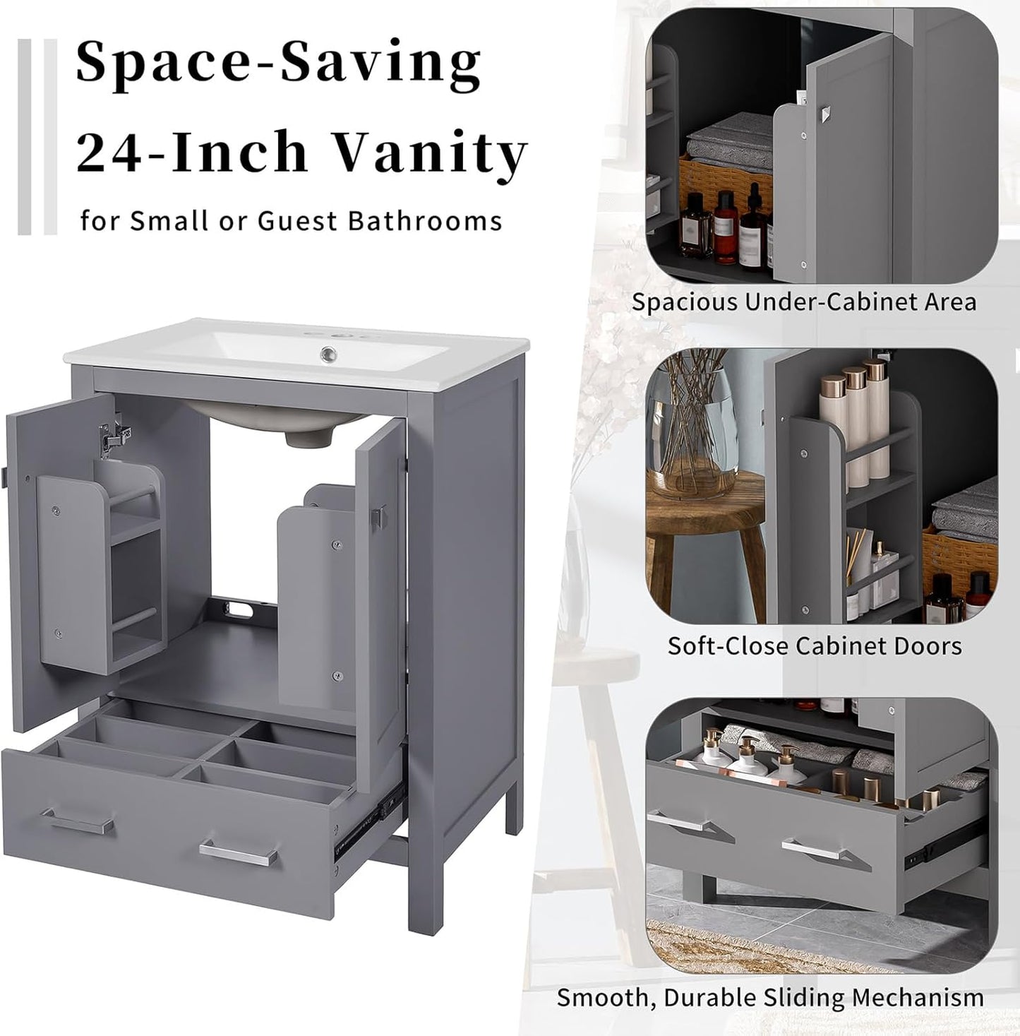 24" Bathroom Vanity with Sink Combo Set, Solid Wood Frame Bathroom Storage Cabinet with 2 Drawers and 1 Drawer, Double-layer Door Shelf, Soft Closing Cabinet Door with Organizer,Grey