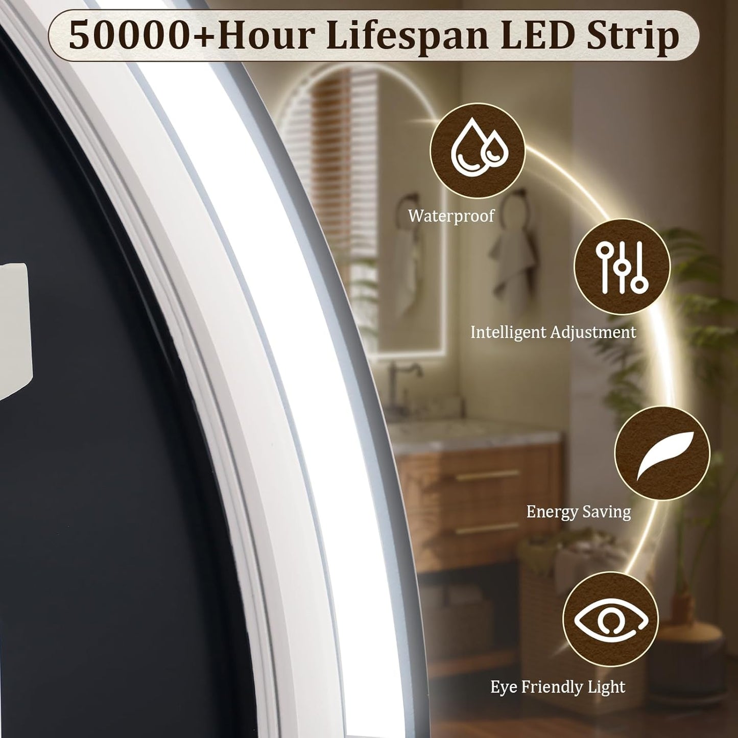BEAUTYPEAK LED Arch Bathroom Mirrors with Lights, 48x30 Arch Mirror with Metal Frame, Anti-Fog,LED Mirror with Front Light and Backlit, Memory Function for Bathroom, Dressing Room