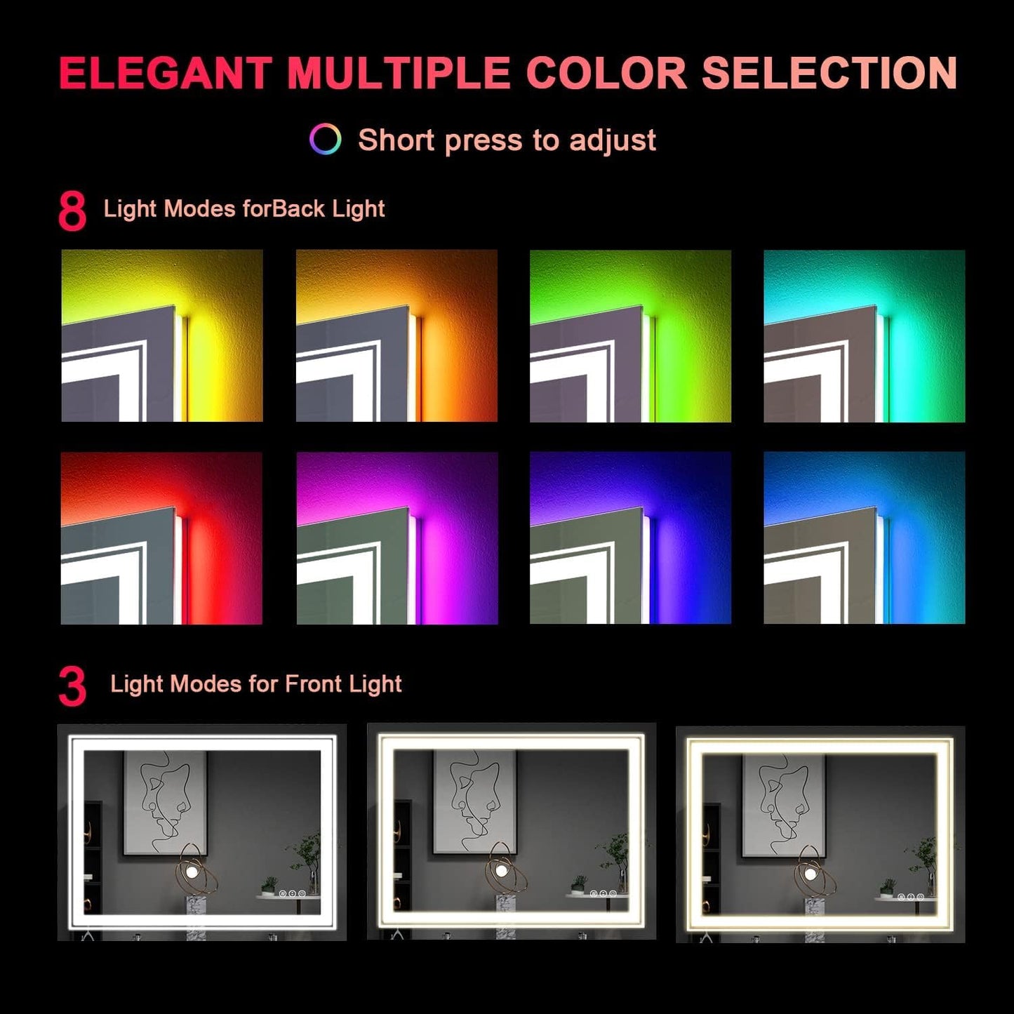 LED Mirror for Bathroom, 40"X36" with 8 RGB Backlit +3 Front Lit (Adjustable Individually), Anti-Fog, Lighted Bathroom Vanity Mirror for Wall, Shatterproof, Memory Function, Tempered Glass
