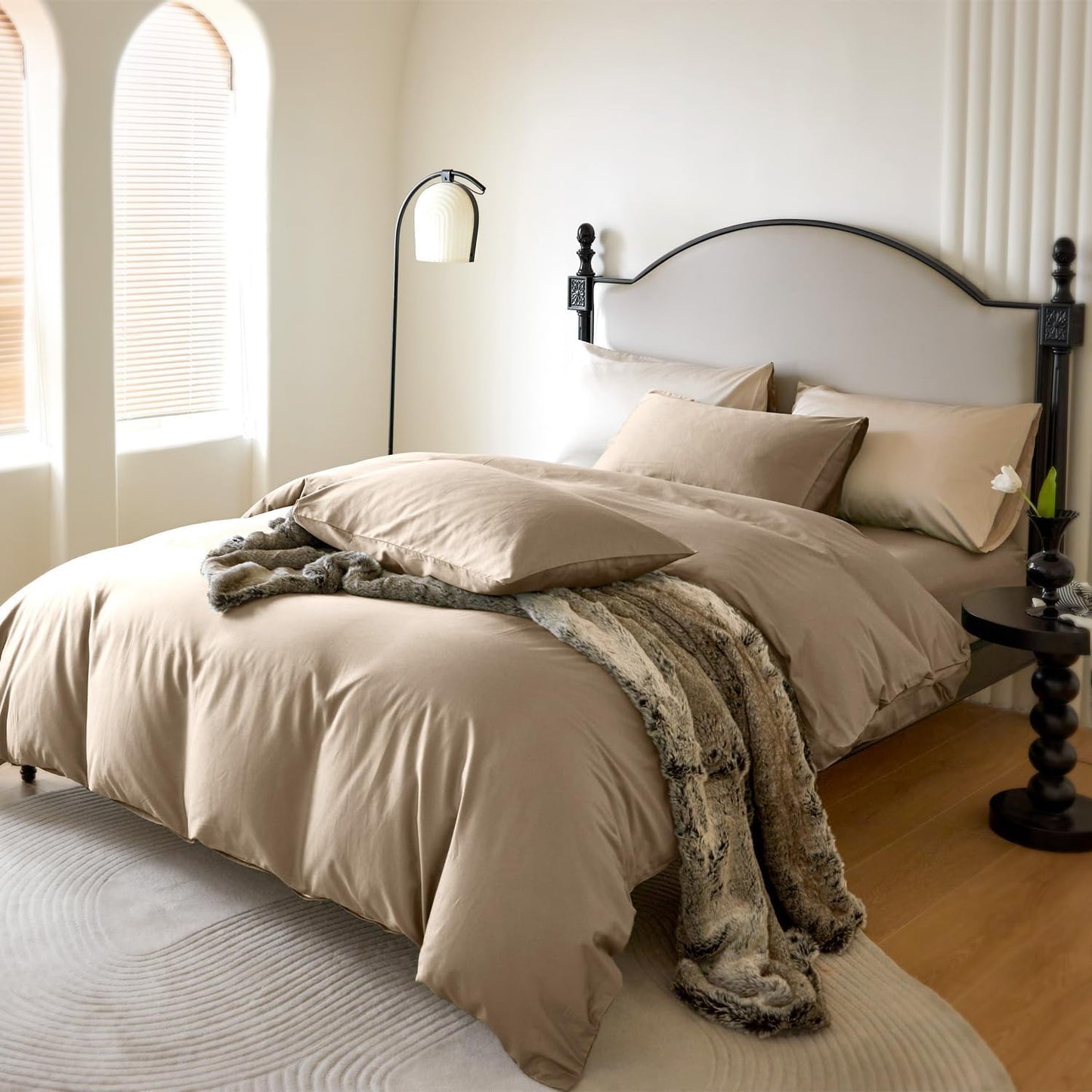 PURE ERA Duvet Cover Set Queen 800 Thread Count Long Staple Cotton Sateen Silky Soft Luxurious Smooth 3 Piece Set Dark Dessert Beige Queen