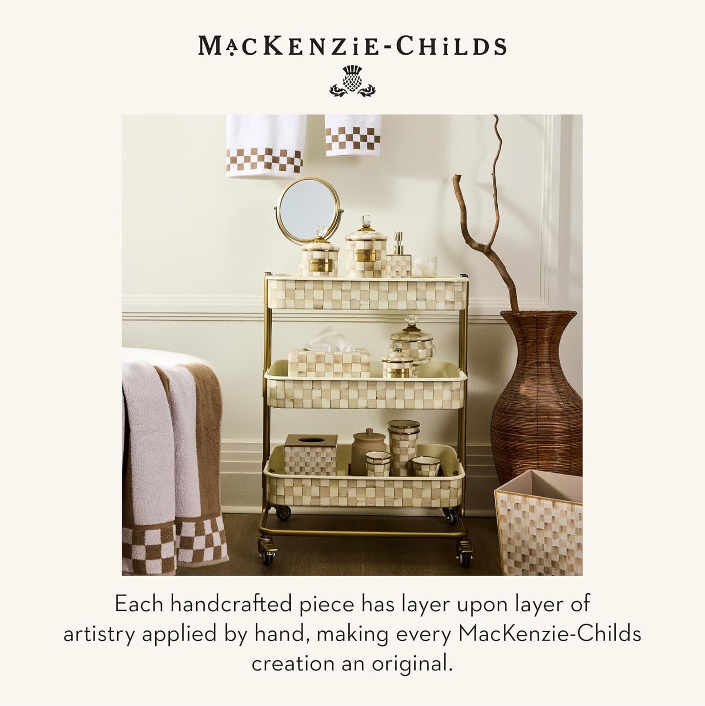 MACKENZIE-CHILDS Glass Soap Pump, Liquid Soap Dispenser, Brown-and-White Mocha Check