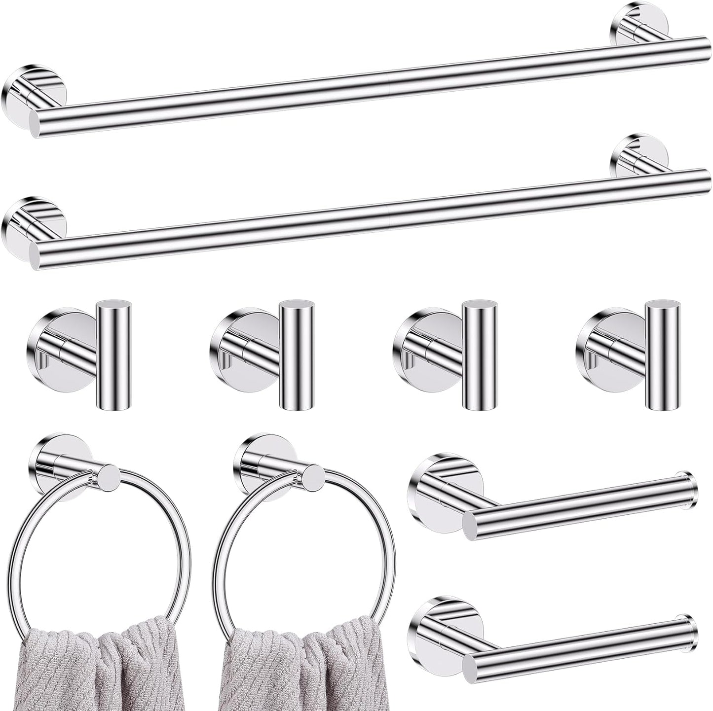 Lairuier Polished Chrome Bathroom Hardware Set, 10-Piece Towel Bar Set SUS304 Stainless Steel Bathroom Hardware Accessories Set Round Towel Holder Set Wall Mounted