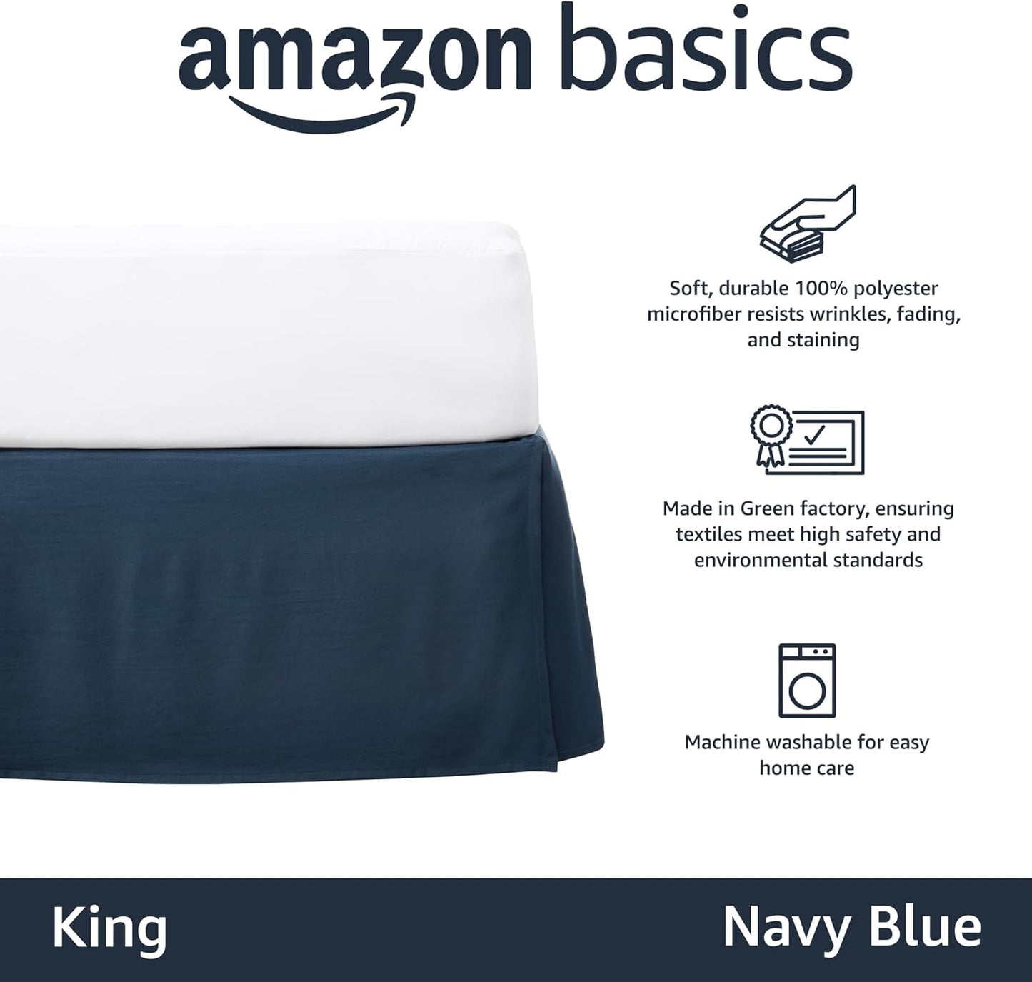 Amazon Basics Lightweight Pleated Bed Skirt, King, Navy Blue, Solid