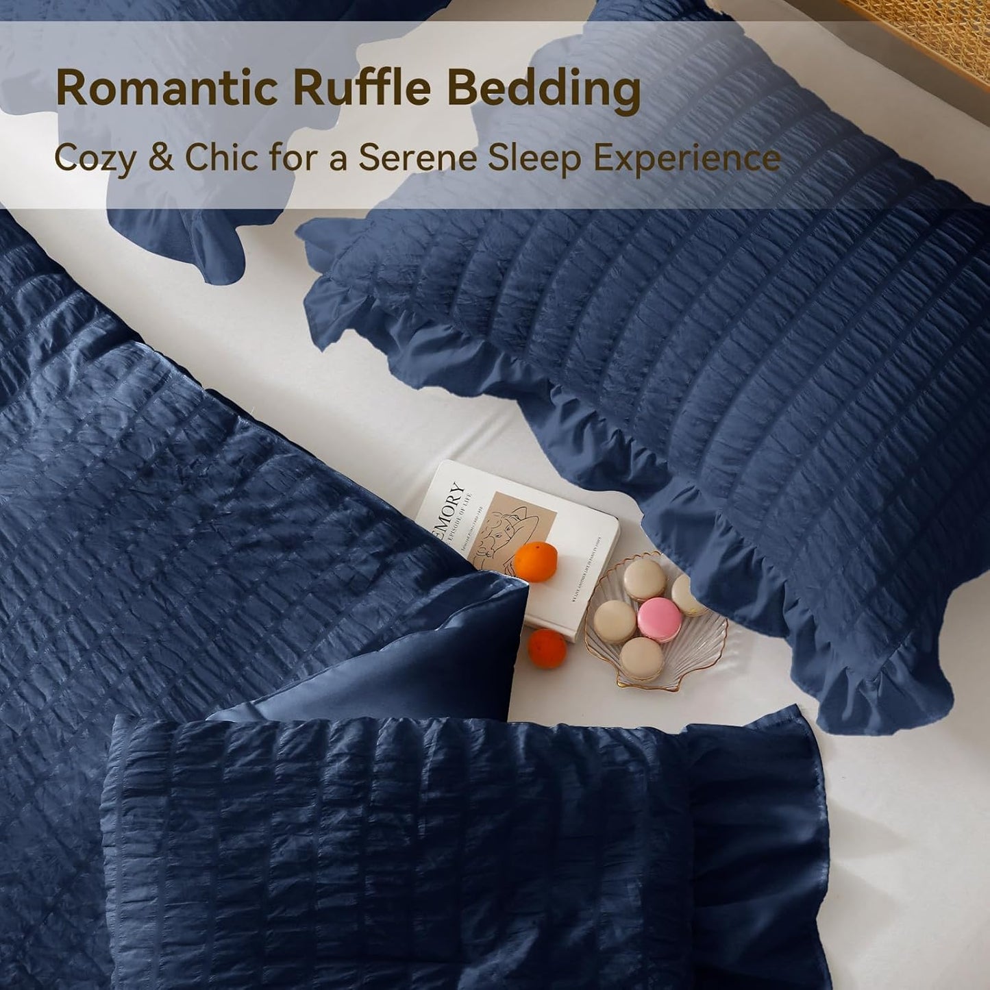 JOLLYVOGUE Navy Blue King Comforter Set, 3 Pieces Seersucker Comforters King Size, Lightweight & Fluffy Bedding Sets King for All Season with 1 Ruffle Comforter and 2 Ruffle Pillowshams