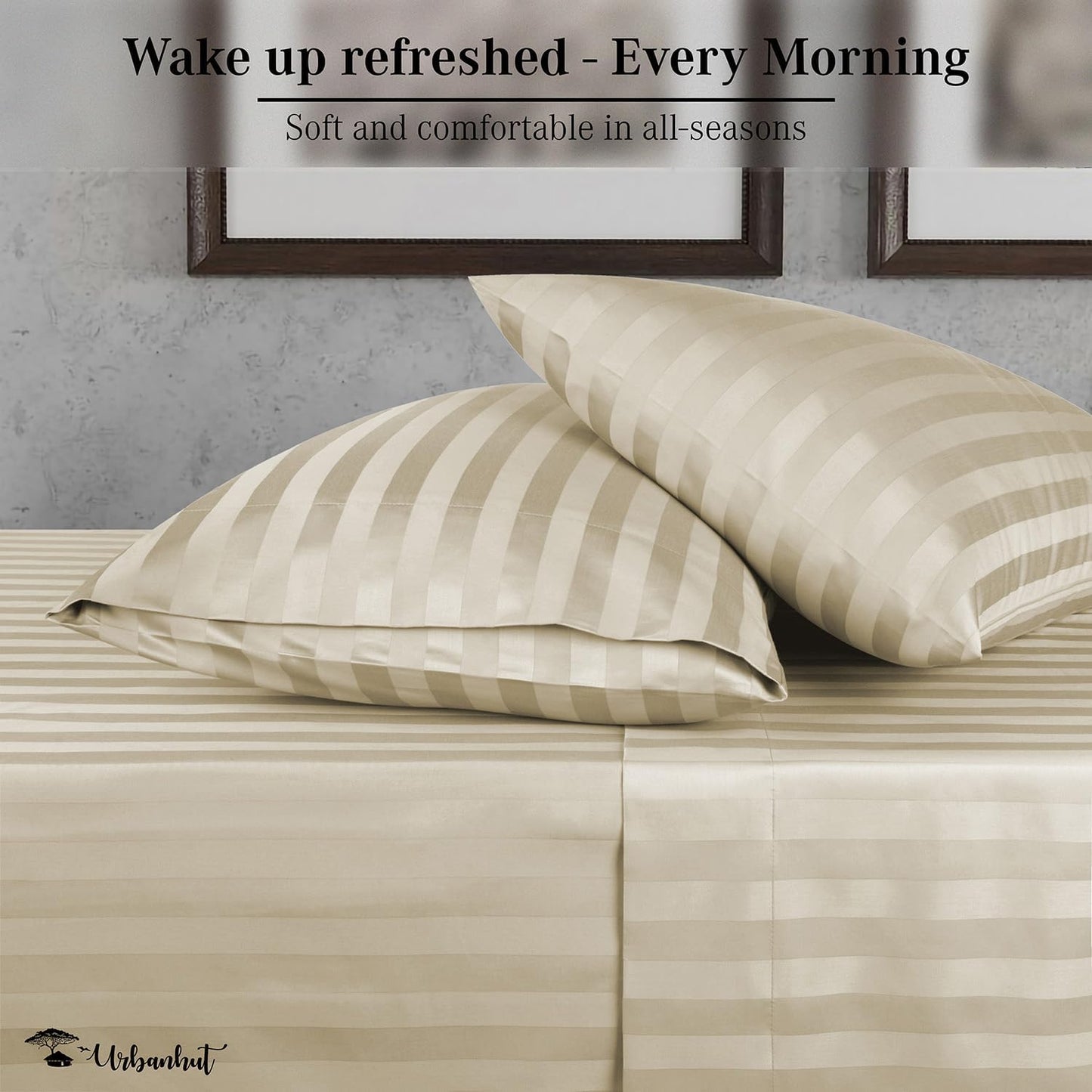 URBANHUT 1000 Thread Count Egyptian Cotton Damask Striped Full Sheets, Long Staple Soft & Breathable, 4 Pc Bed Sheet Sets, Luxury Hotel Sateen Sheets Fits 16" Deep Pocket - Ivory