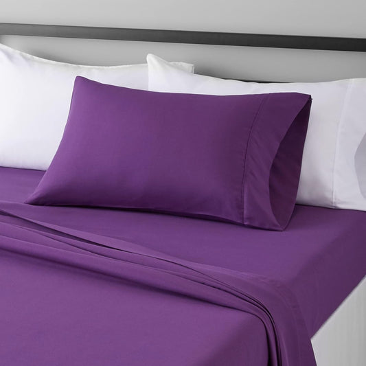 Amazon Basics 3 Piece Lightweight Super Soft Easy Care Microfiber Bed Sheet Set with 14" Deep Pockets - Twin, Plum-4 Pack, White, Solid