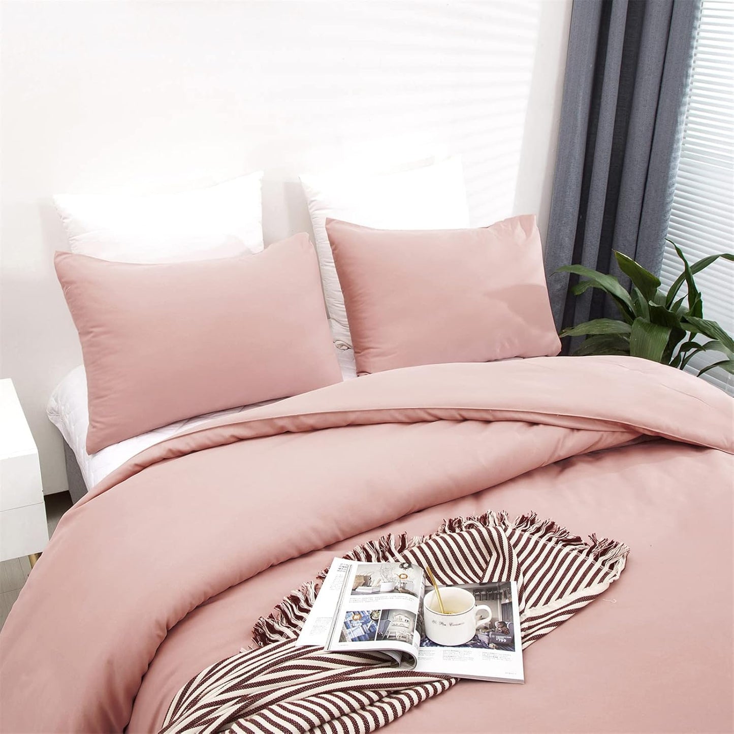 Cottonight Pink Comforter Set Full Blush Pink Bedding Set for Girls Women Mauve Quilts Blanket Solid Color Dusty Rose Comforter Set with 2 Pillowcases