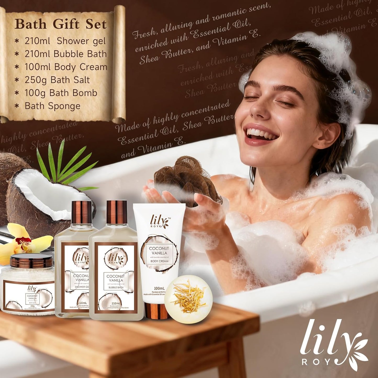 Christmas Gifts Bath and Body Gift Basket Set for Women & Men - 7Pcs Coconut Vanilla Spa Gift Basket Set for Women, Gift Set | Perfect Valentine's, Birthday, Mothers Day for Mom, Gift for All Occasion