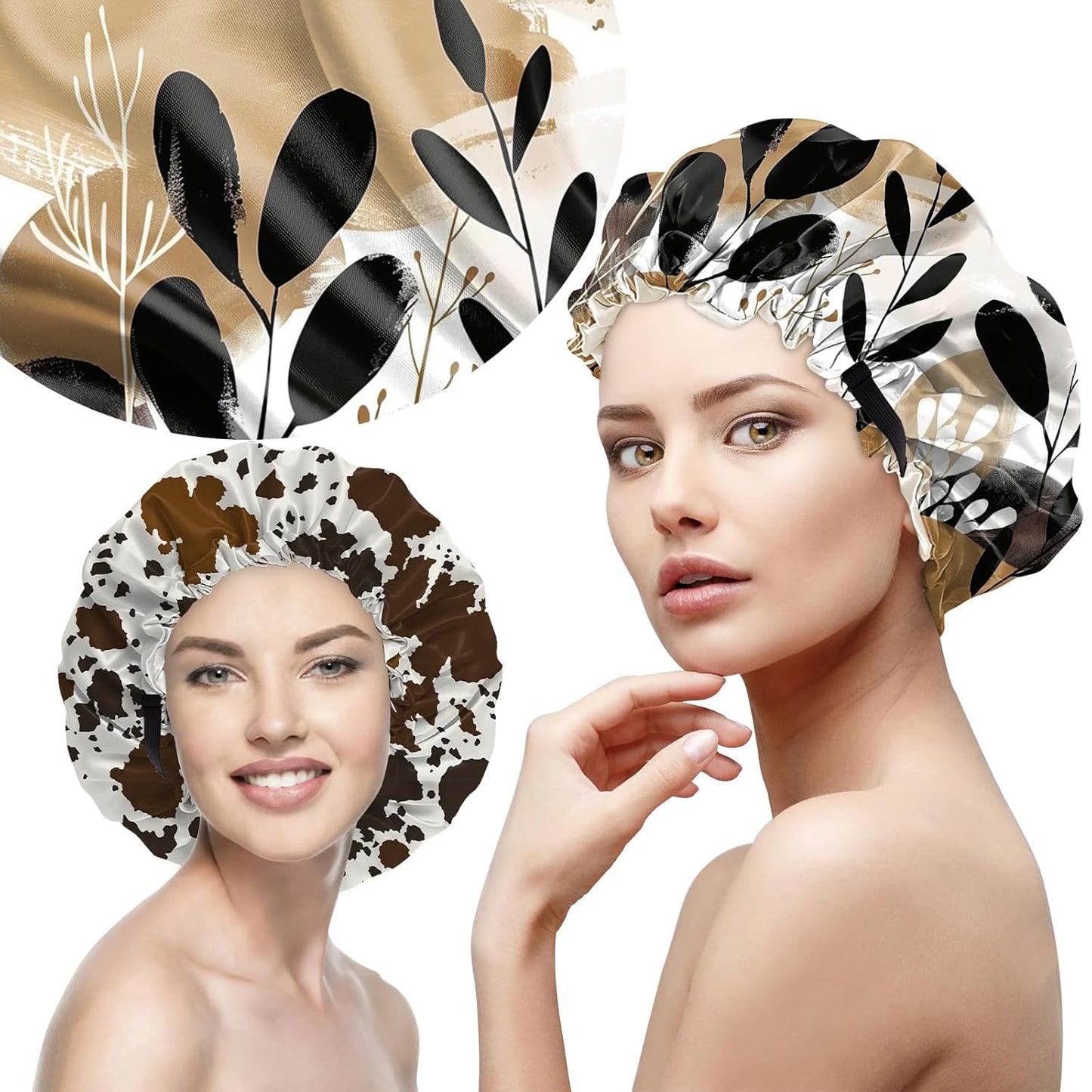 2 PCS Bonnets for Women Girls Satin Hair Bonnet Silk Adjustable Elastic Double Layer Hair Wrap Sleep Cap Comfort Cute-Cowhide Leaf