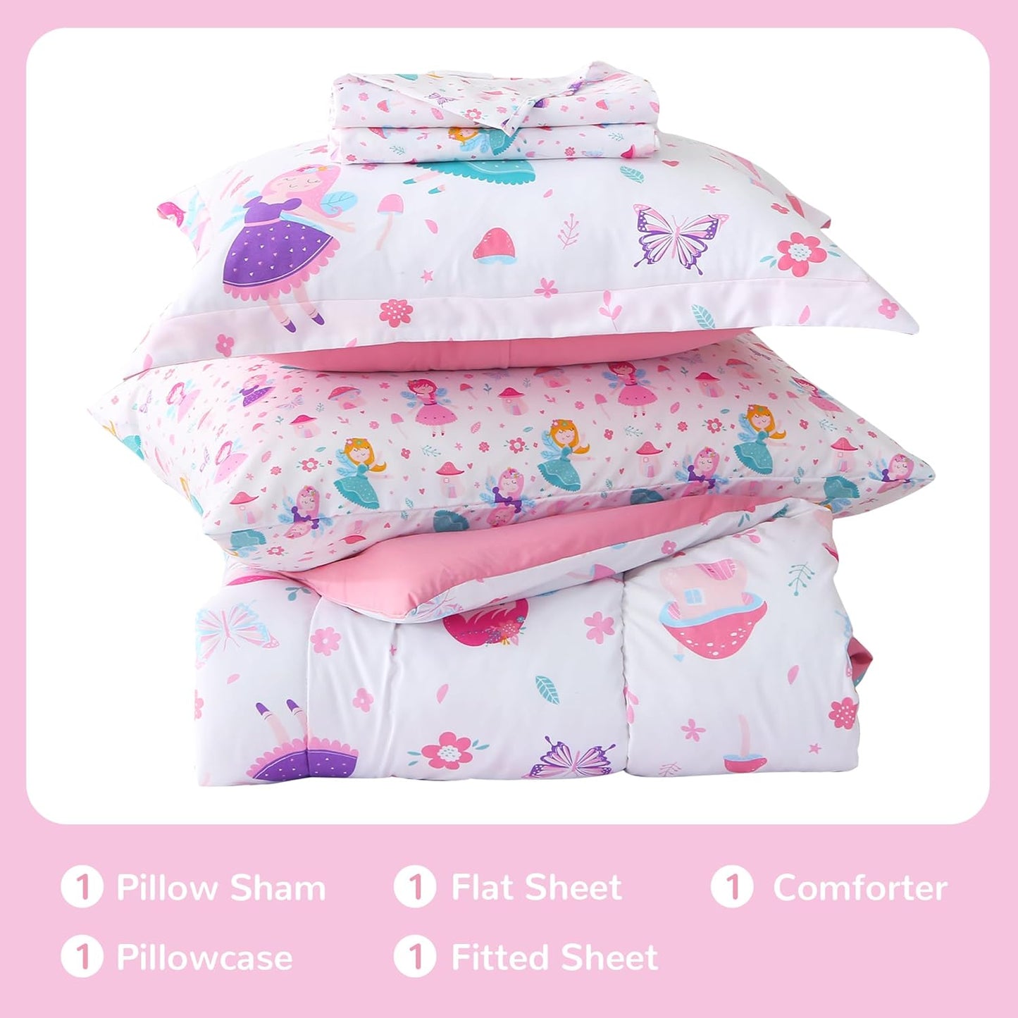 Viviland Kids Twin Bedding Sets for Girls, Soft Twin Comforter Set with Sheets, 5 Pieces Microfiber Bed in a Bag, Fairy Mushroom