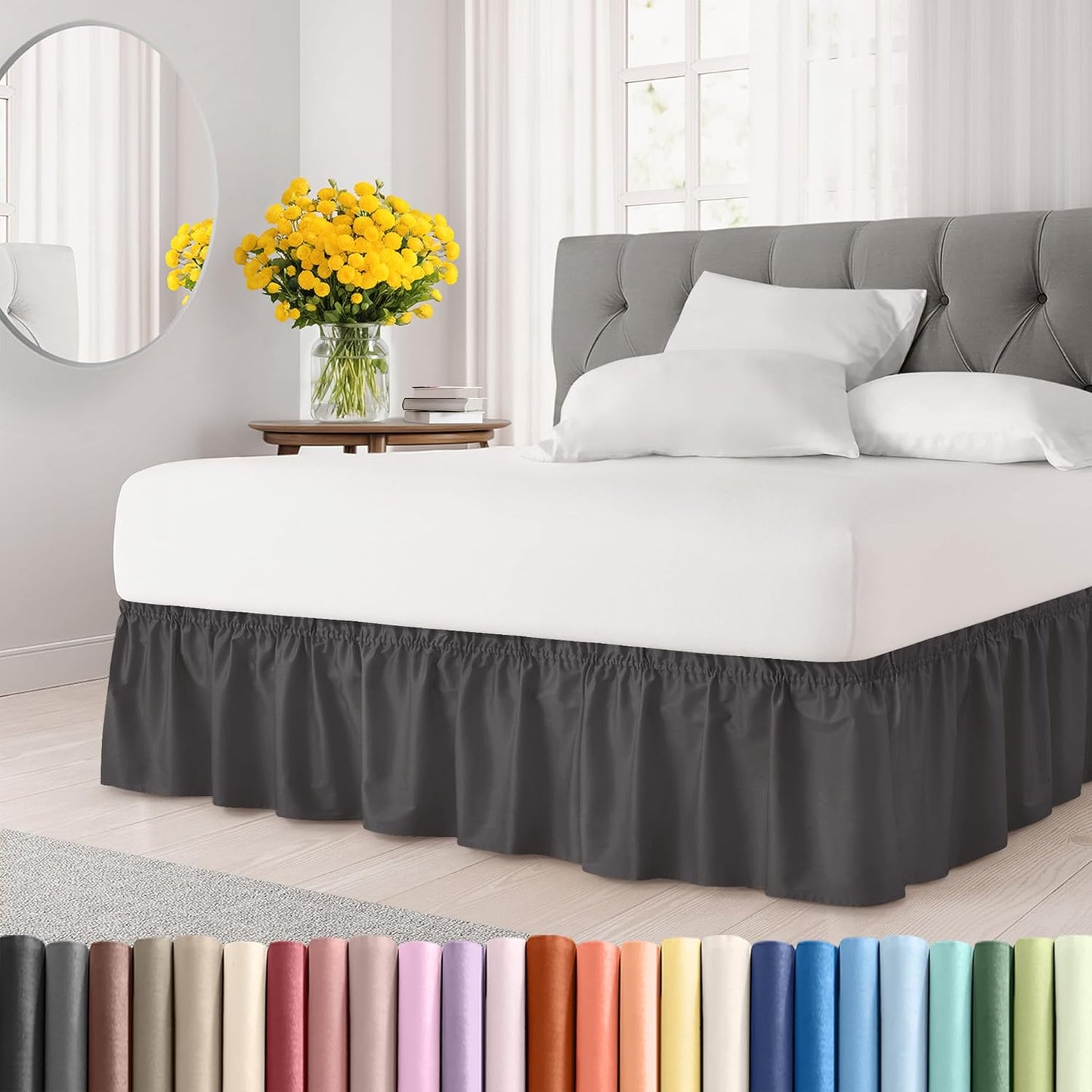 Wrap Around Dust Ruffle Bed Skirt - Dark Grey - for Full Size Beds with 15 Inch Drop - Elastic Strap - Adjustable Pleated Bedskirt with Brushed Fabric and Wrinkle Free - for Women, Men, Kids & Teens