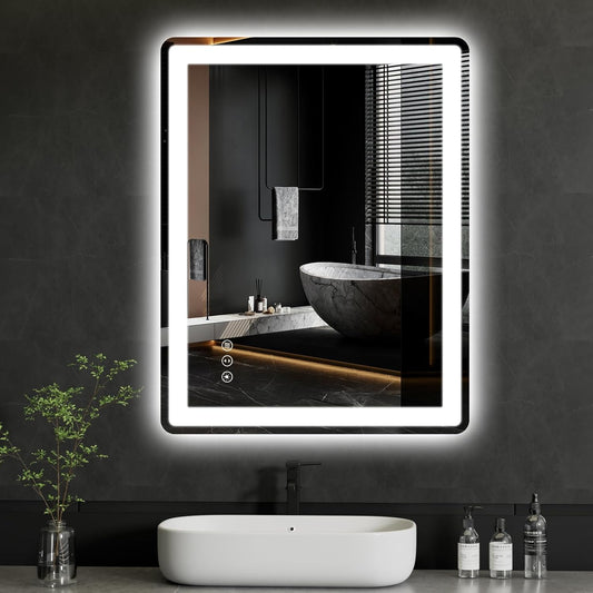 24x32 LED Mirror for Bathroom, Rounded Rectangle Mirror with Backlit + Front Lit, Bathroom Mirror with Lights, Anti-Fog, Dimmable, Lighted Vanity Mirror Tempered Glass(Horizontal/Vertical)