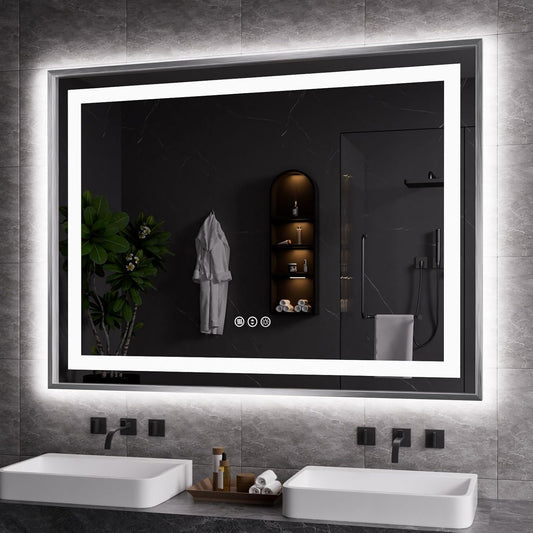 Amorho 48"X36" LED Bathroom Mirror, Brushed Nickel Framed Mirror with Front Light and Backlit, Stepless Dimmable, Anti-Fog, Shatter-Proof, Memory, 3 Colors