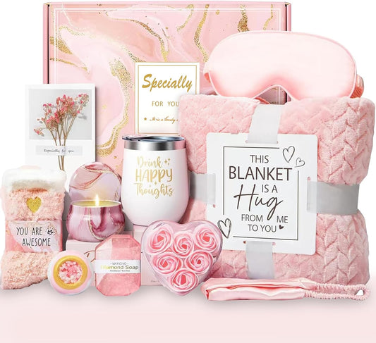 Birthday Gifts for Women Self Care Gifts Get Well Soon Basket Rose Relaxing Spa Gift Care Package Luxurious Flannel Blanket Unique Christmas Gift for Mom Her Friend Sister Wife Grandma