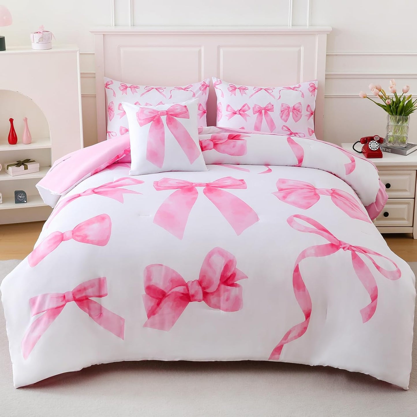Twin Size Comforter Sets Pink Bed in a Bag for Girls, Bow Comforter Set,6 Pieces Bow Bedding Sets with Sheets for Kids