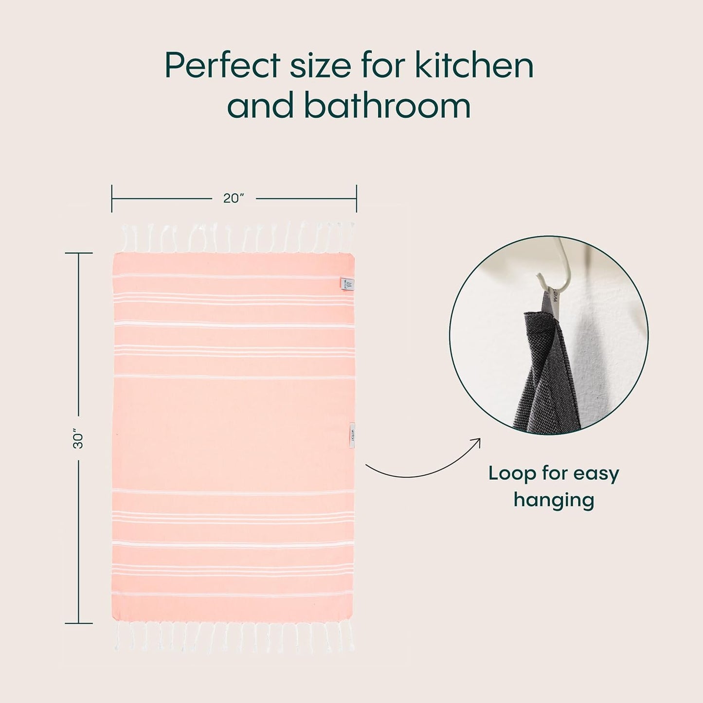 WETCAT Turkish Hand Towels with Hanging Loop, Set of 2 (20" x 30") 100% Turkish Cotton, Pre-Washed, Quick Drying, for Kitchen or Bathroom - Peach