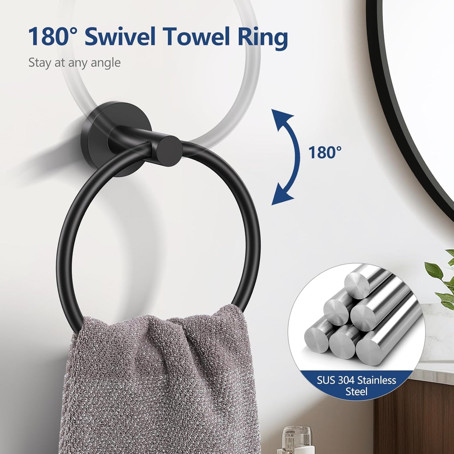 TQKAG Matte Black 5 Piece Bathroom Hardware Accessories Set 23.6" SUS304 Stainless Steel Bathroom Towel Bar Holder Sets Double Post Pivoting Toilet Paper Holder Set Wall Mounted